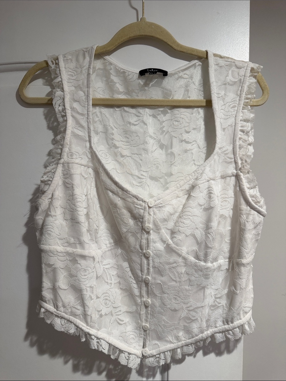 Lulus Lasting Cuteness Ivory Lace Ruffled Button-front Crop Top White - Size XL
